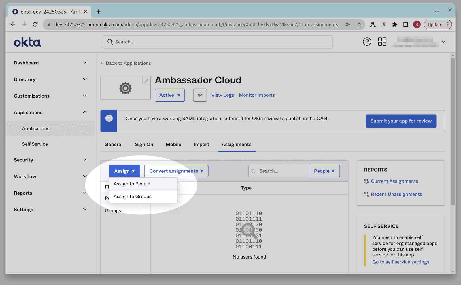 sso okta admin apps ambassador cloud assignments assign dropdown