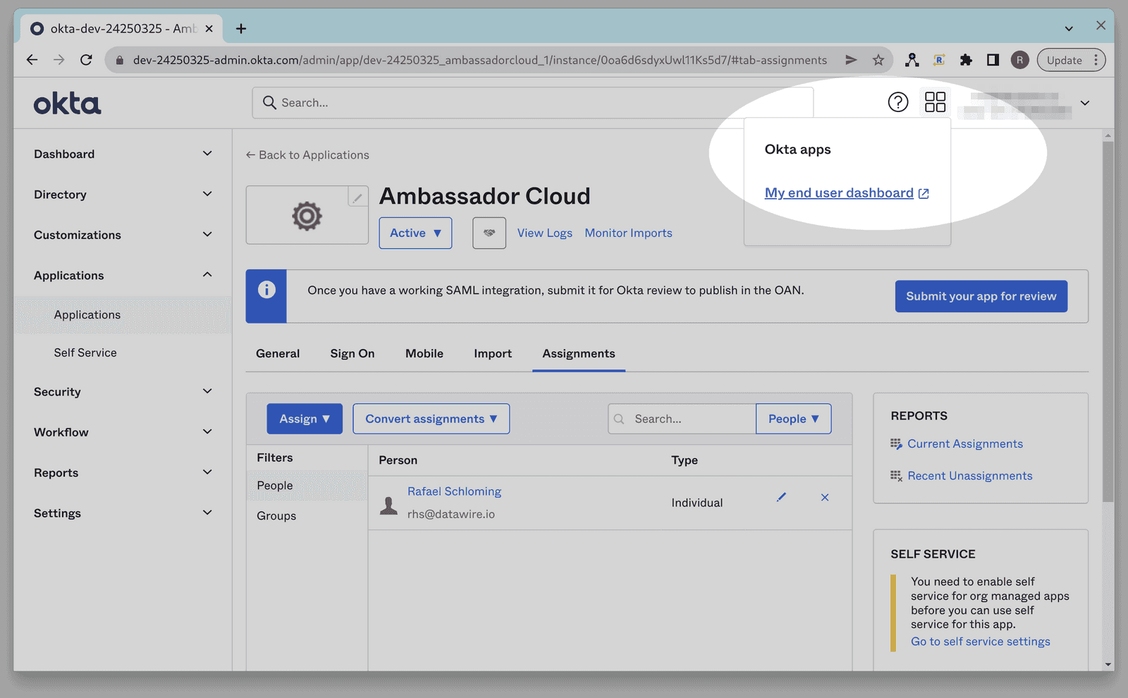 sso okta admin user dashboard dropdown