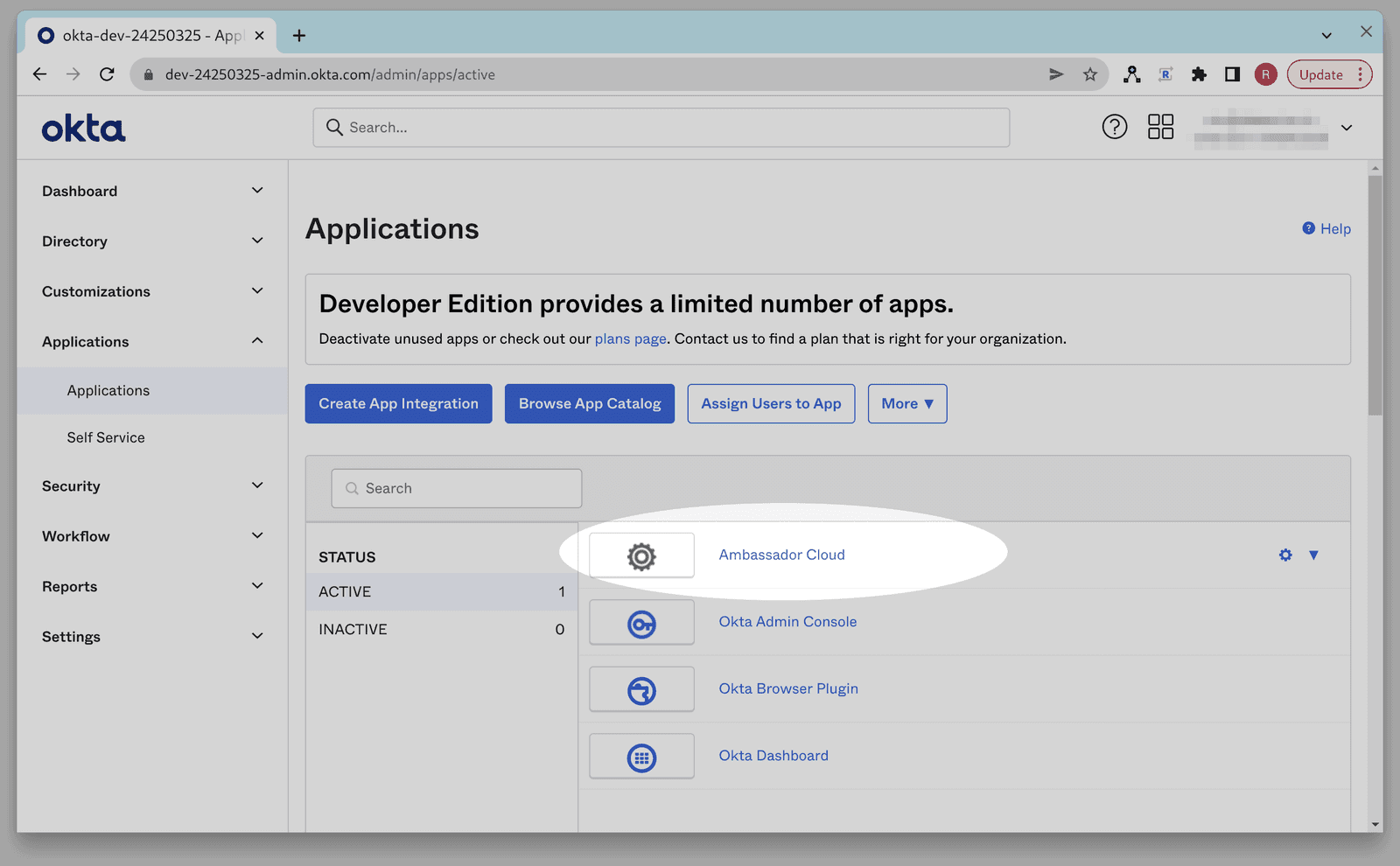 sso okta admin apps tab with ambassador cloud