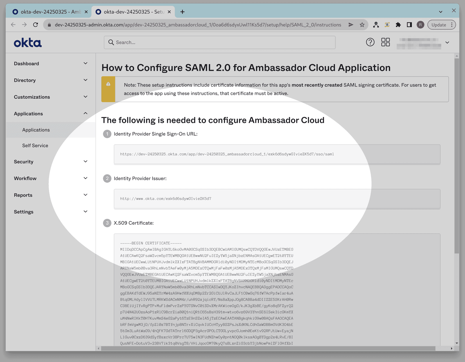 sso okta admin apps ambassador cloud sign on saml setup values